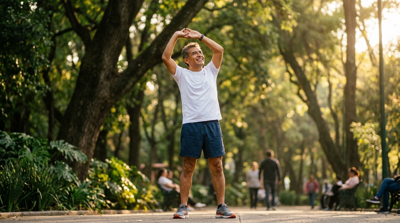 Hombre activo estirando en parque — bienestar natural y movilidad con Ultravix
